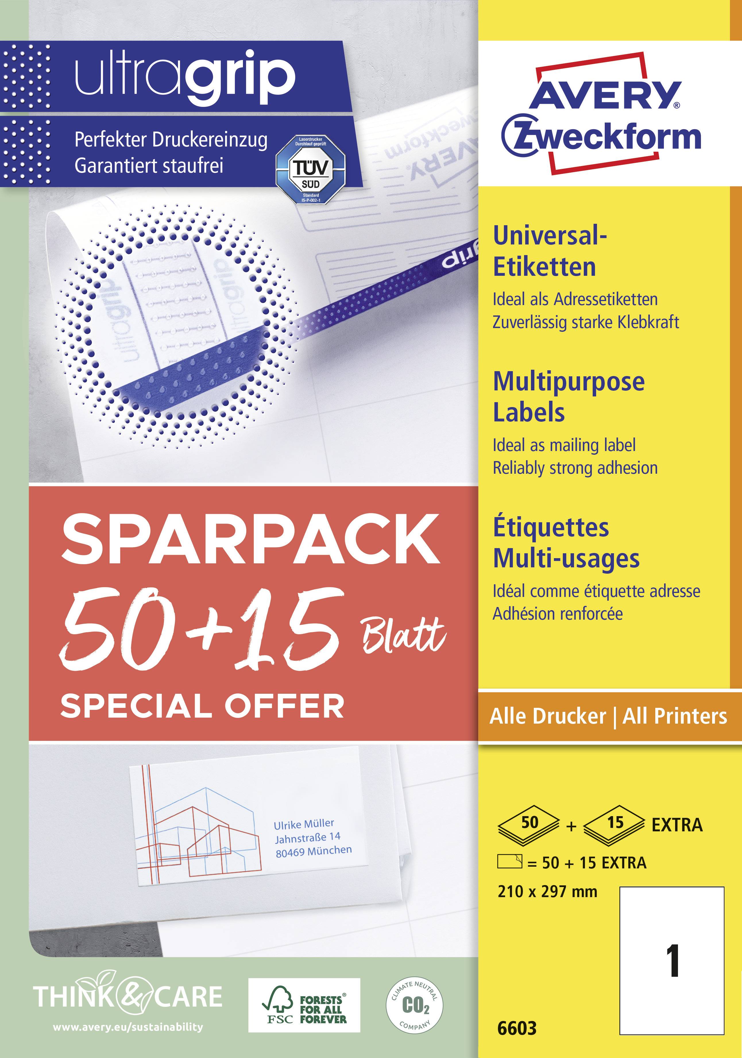 Packung mit Etiketten 'Sparpack 50 + 15 Blatt', für alle Drucker geeignet, ideal als Adressetiketten. Avery Zweckform, Format A4.