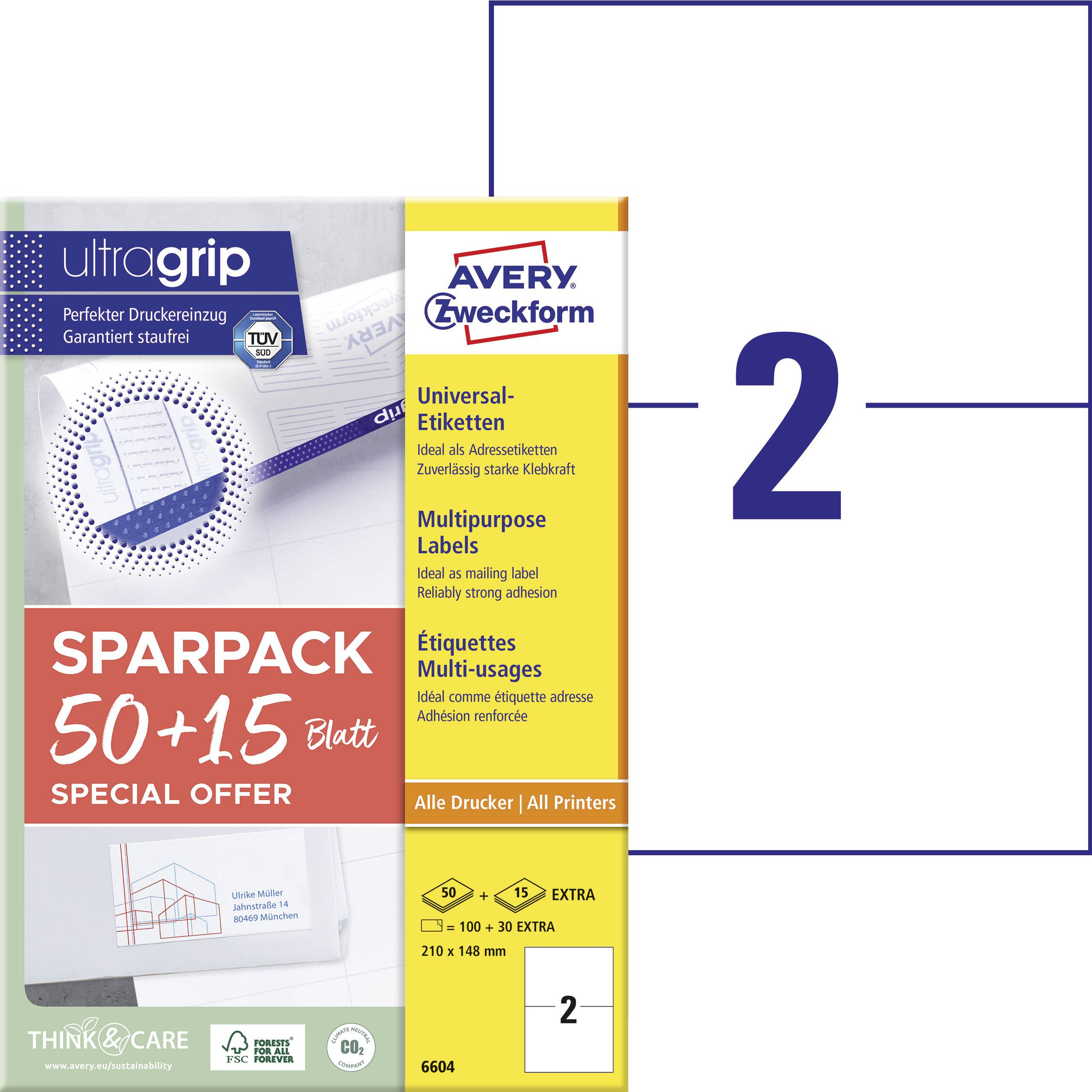 Verpackung von Avery Zweckform Universal-Etiketten, 50+15 Blatt, für alle Drucker. Enthält UltraGrip-Technologie für präzisen Druck.