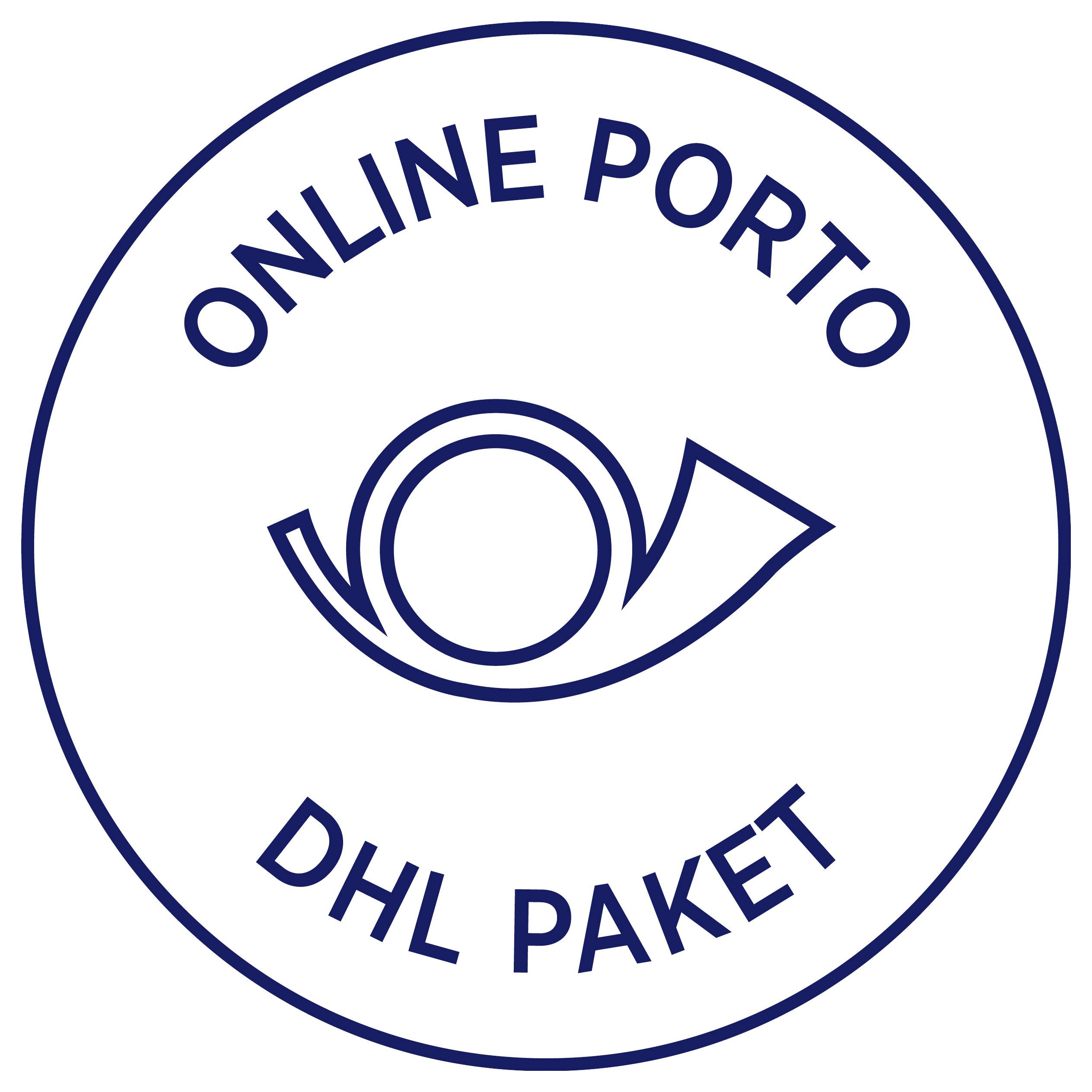 Rundes Logo von 'ONLINE PORTO DHL PAKET' mit stilisiertem Paket-/Briefsymbol in Blau auf weißem Hintergrund.
