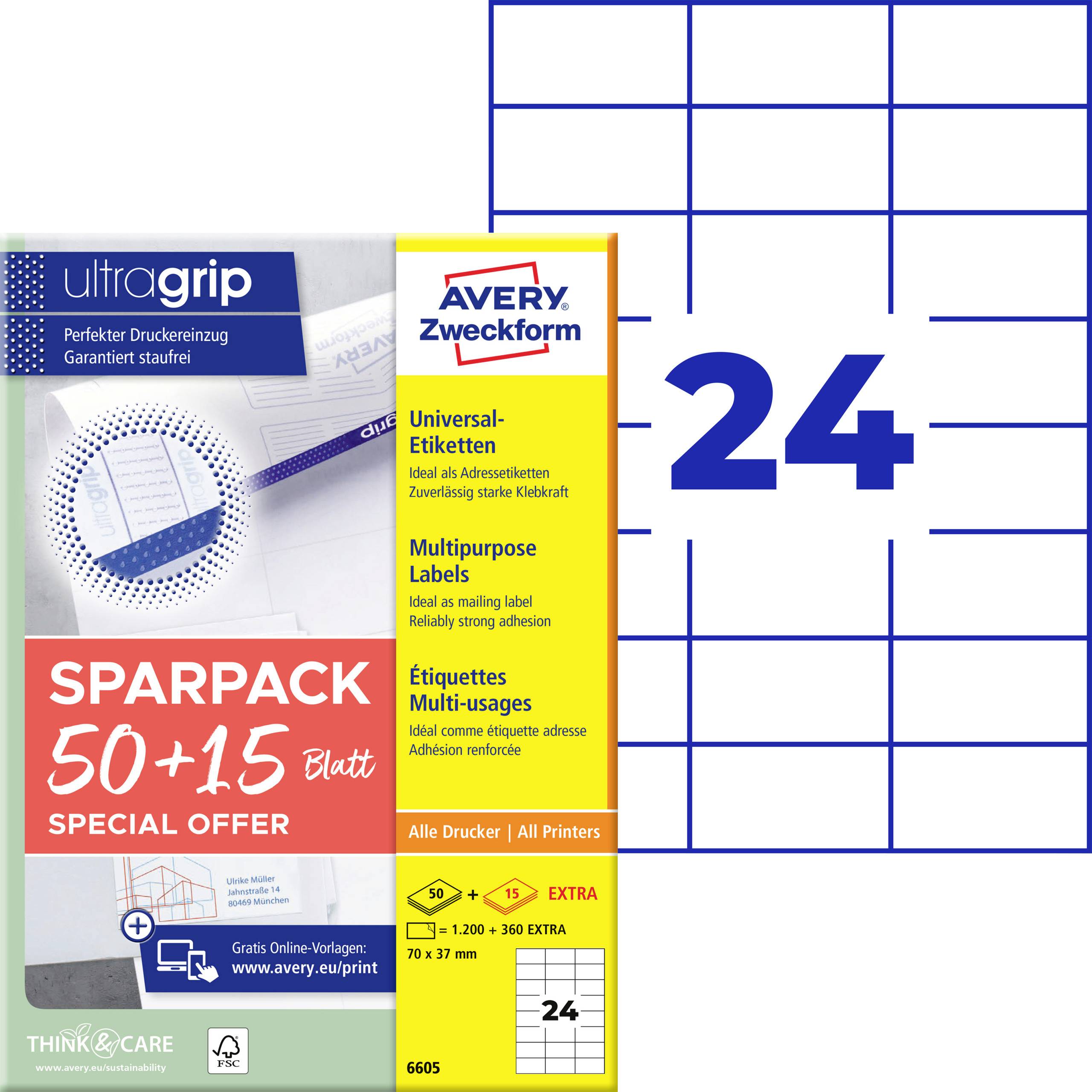 Packung mit Avery Zweckform Universal-Mehrzwecketiketten, Größe 70 x 37 mm, 24 pro Blatt, dargestellt als 50+15 Blatt Sparangebot mit Druckerkompatibilität.
