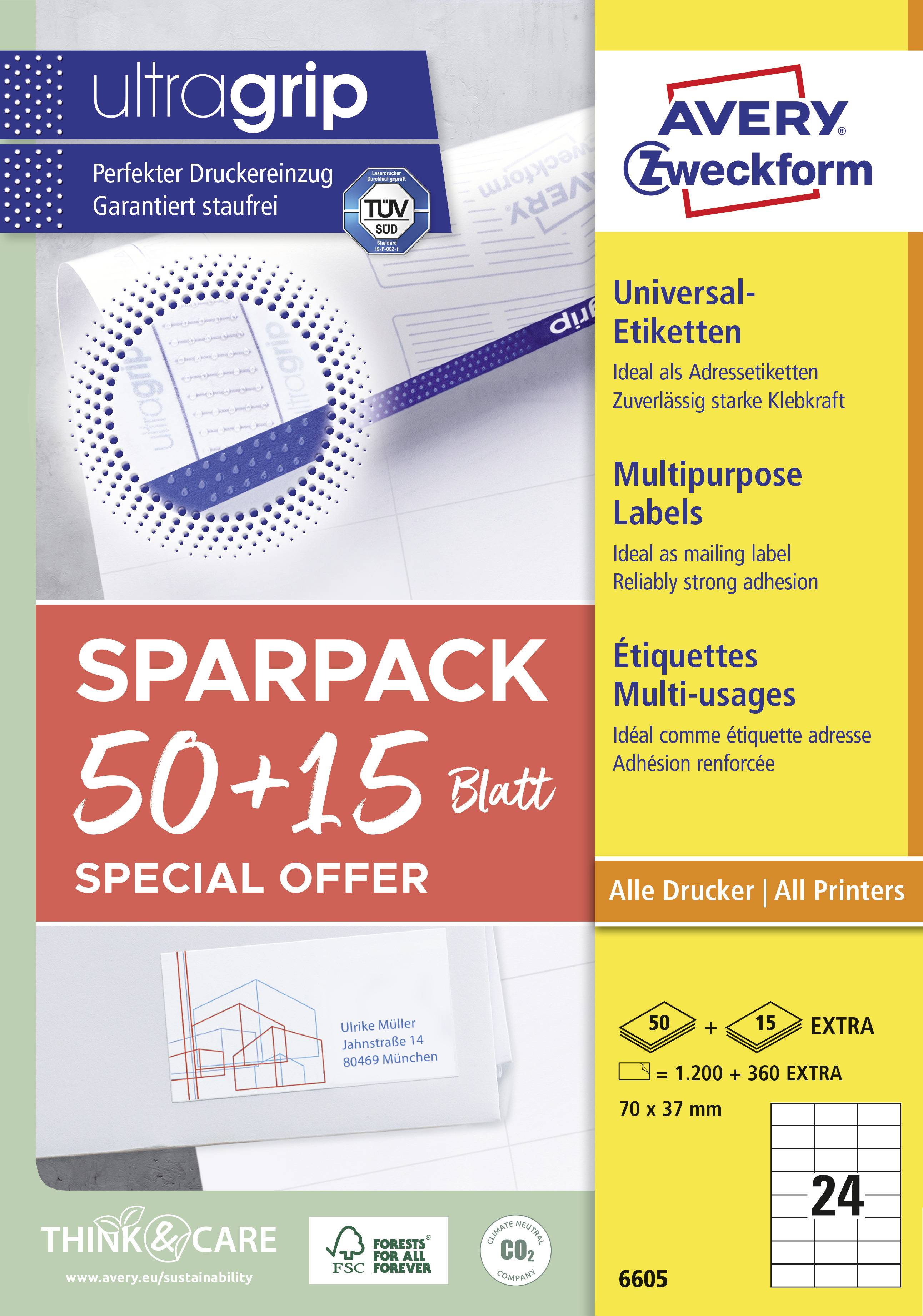 Packung Avery Zweckform Universal-Etiketten, 65 Blätter (50+15 gratis). Perfekt für Druckreinzug, Format 70 x 37 mm, für alle Drucker.