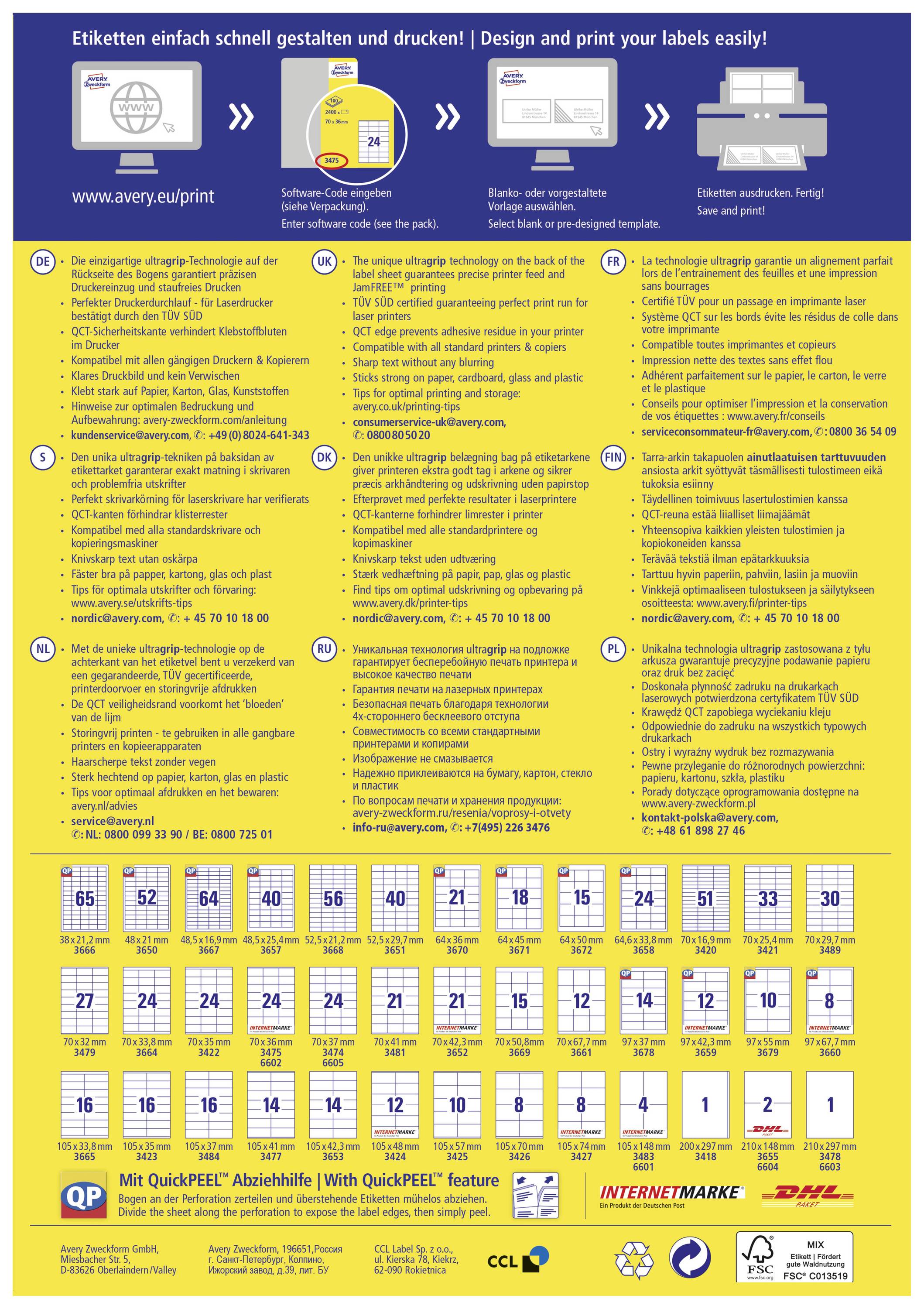'Etiketten einfach schnell gestalten und drucken!' zeigt eine Anleitung zum Erstellen und Drucken von Etiketten mit Produktinformationen und Tipps. Enthält Kontaktinformationen und den Avery Logo.