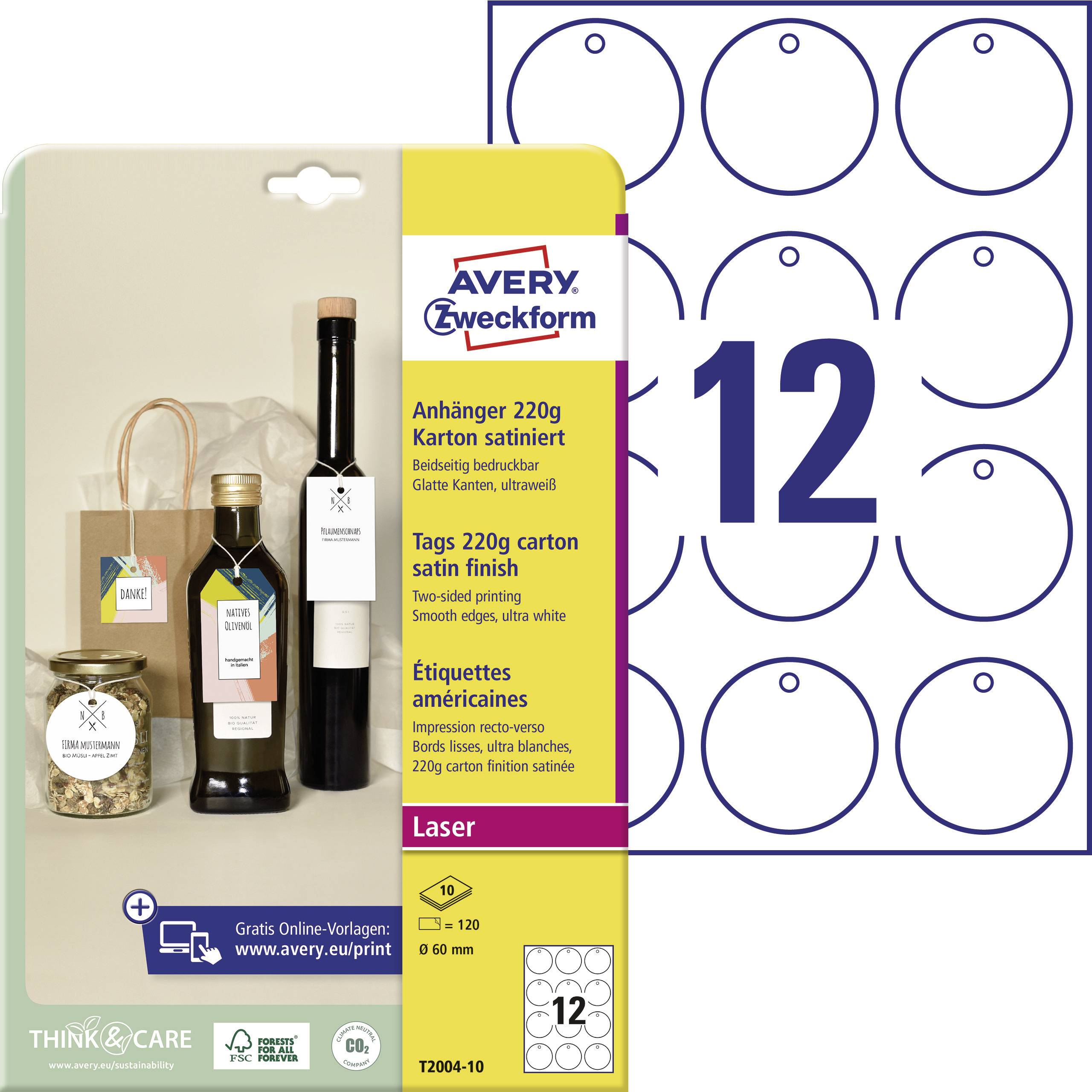 Etikettenbogen mit 12 runden Etiketten aus Satin-Karton. Verpackung zeigt zwei Flaschen mit Anhängern sowie eine Papiertüte.