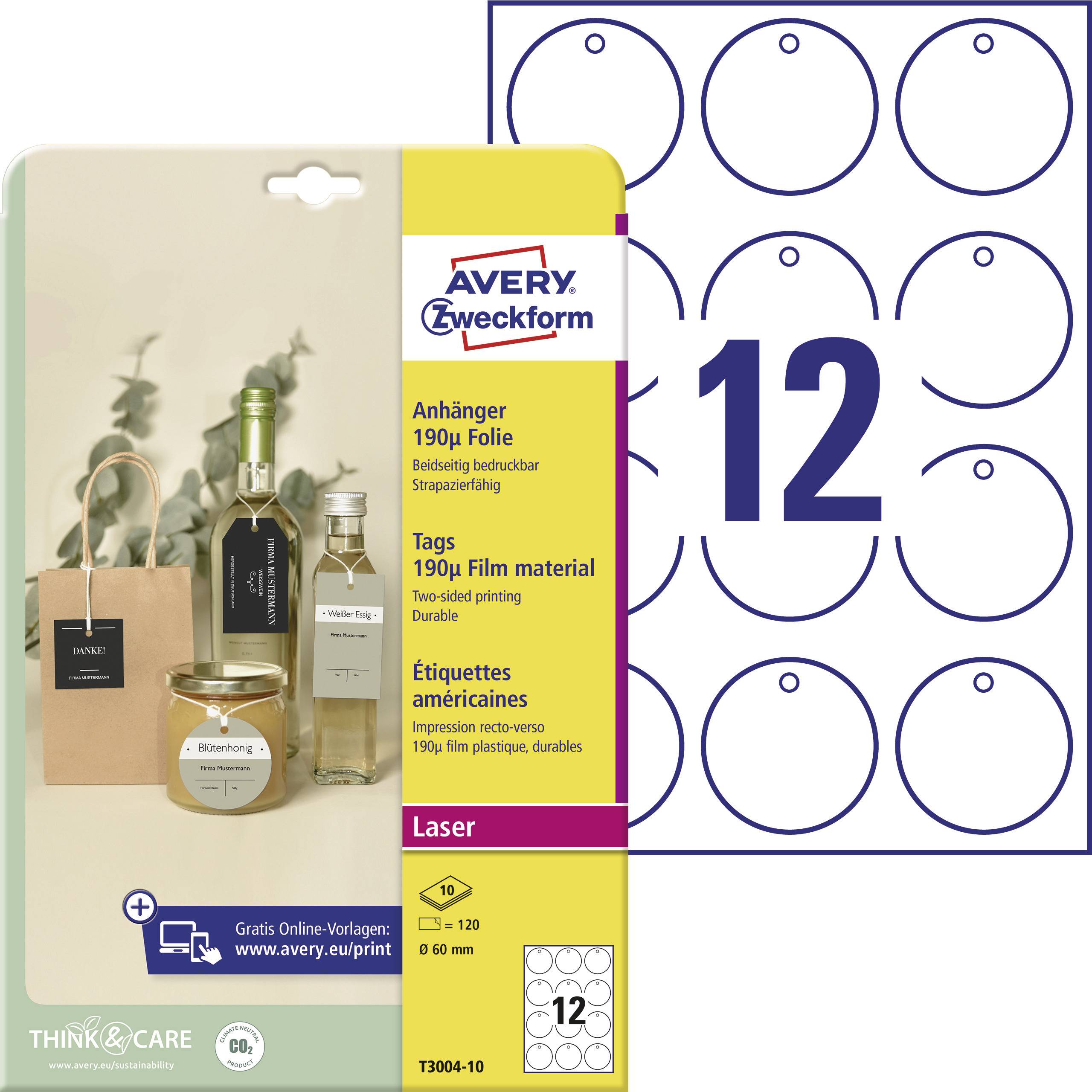 'Avery Zweckform Anhänger' Verpackung mit 190g Folienanhängern für Laser. Zeigt bedruckte Anwendungsbeispiele, Blatt mit 12 vorperforierten Kreisen.