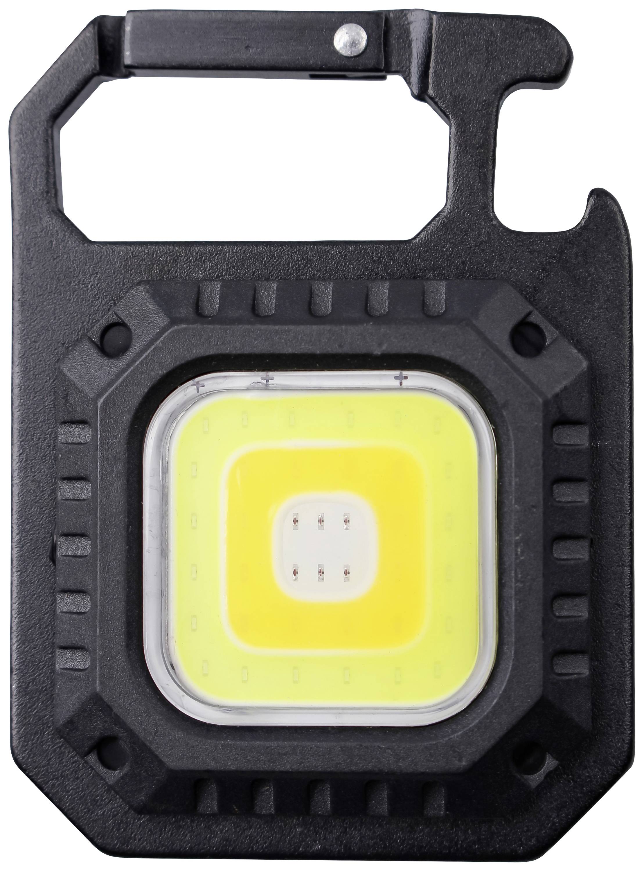 Kompakte rechteckige LED-Taschenlampe mit schwarzem Gehäuse und gelbem Licht, geeignet für Outdoor-Aktivitäten.