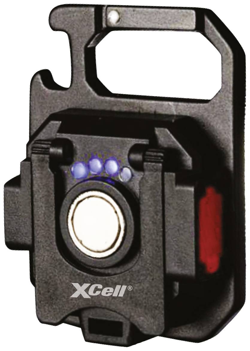Schwarzer XCell Batteriewechsel-Indikator mit blau leuchtenden Anzeigen und rotem Schalter, Fahrradmontage kompatibel.