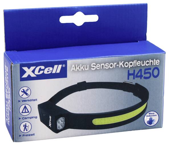Blue Xcell H450 wiederaufladbarer Sensor-Stirnlampen-Karton mit Produktabbildung und Symbolen für Werkstatt, Camping und Freizeit.