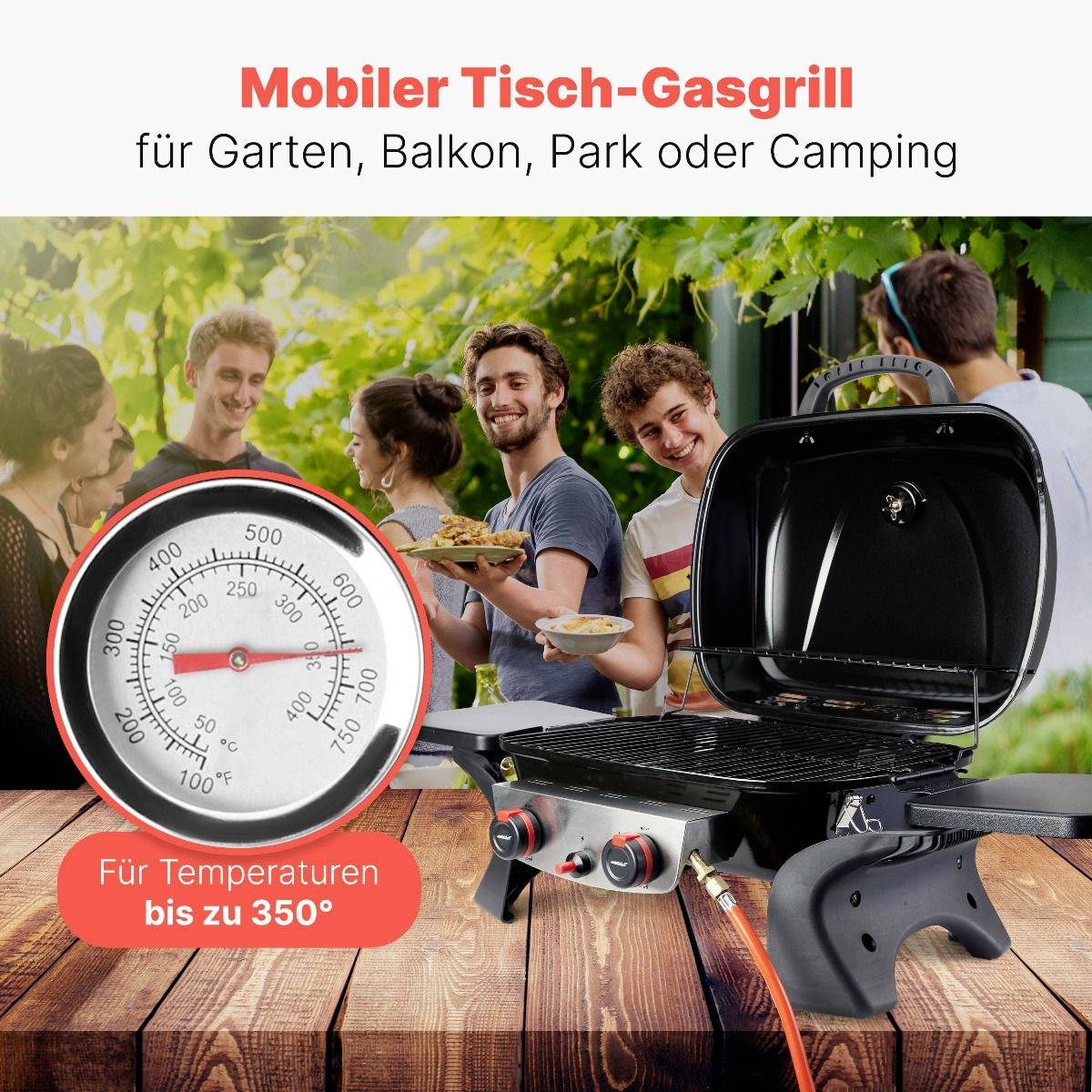 Profi Cook PC-GG 1261 Tisch Gas-Grill 2 Grillzonen, 2 Brenner, Thermometer im Deckel Schwarz
