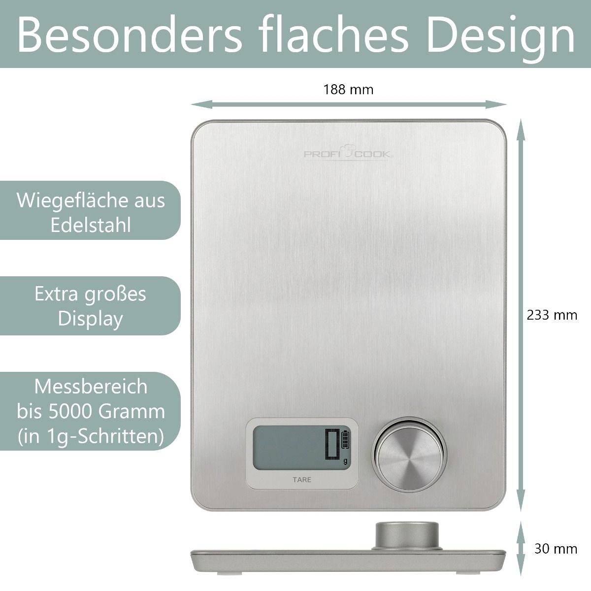Digitale Küchenwaage aus Edelstahl mit großem Display, maximaler Messbereich 5000 g in 1g-Schritten. Besonders flaches Design.
