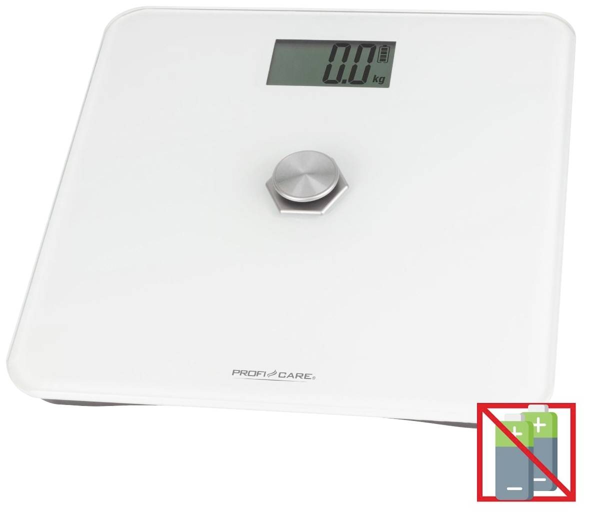 Werbung für kinetische Energie: Keine Batterien nötig. Fuß drückt Waage-Taste, erzeugt Energie. Umweltfreundlich, nachhaltig.