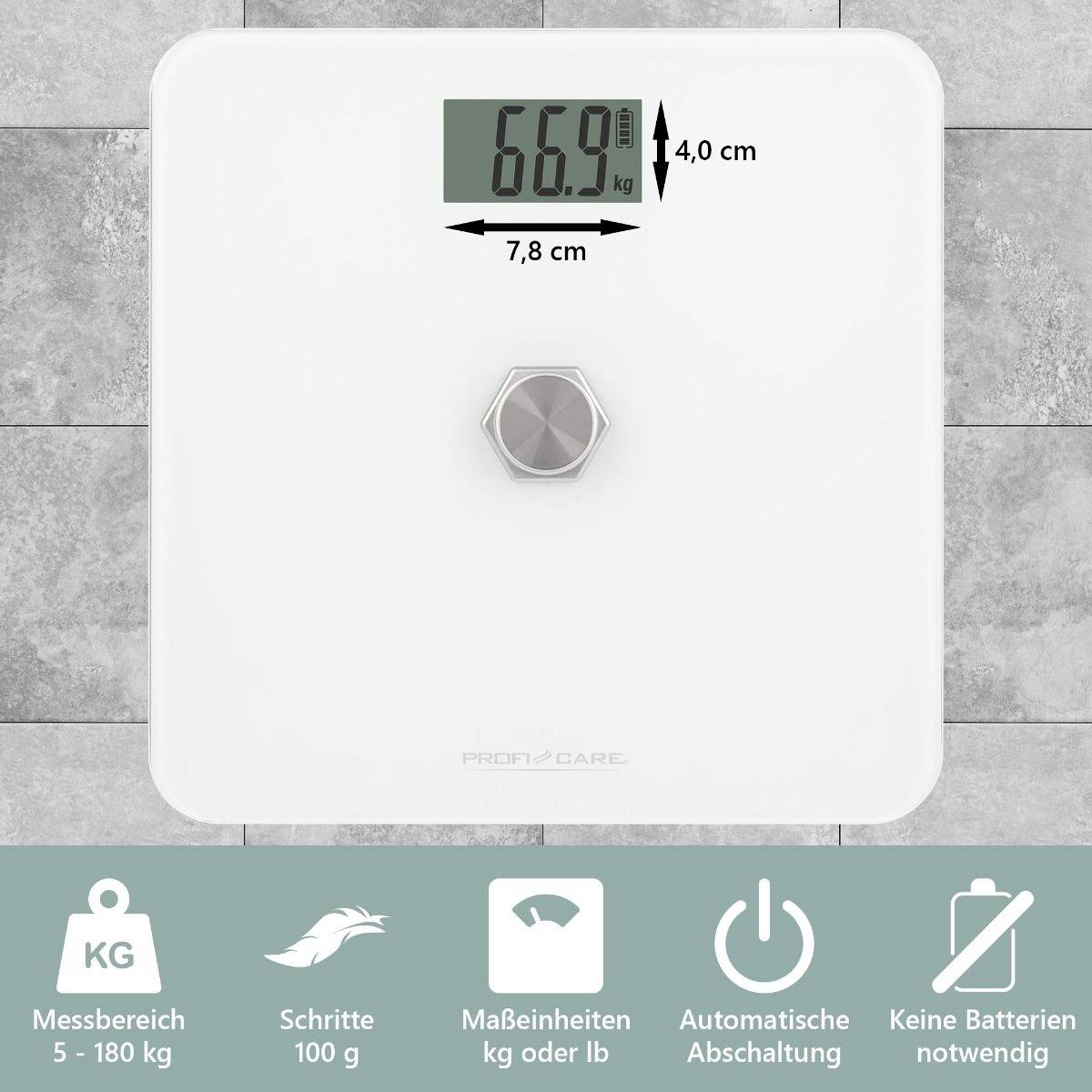 Weiße digitale Personenwaage mit Anzeige '66,9 kg'. Symbolische Darstellungen: Messbereich 5-180 kg, Schritte 100 g, automatische Abschaltung, keine Batterien notwendig.
