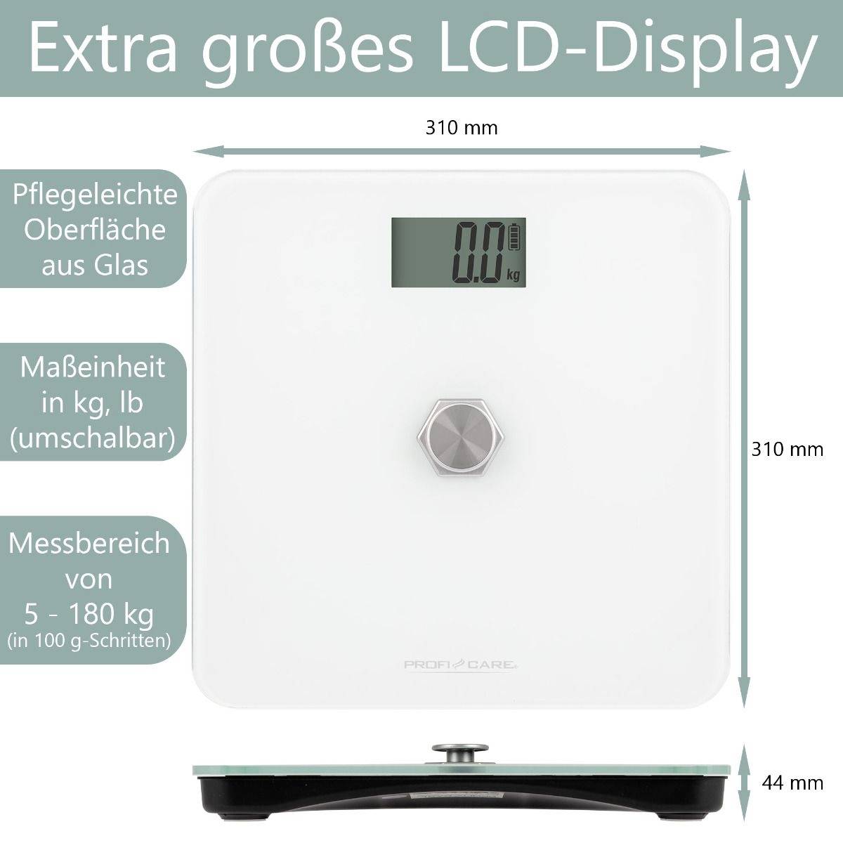 Elektronische Waage mit großem LCD-Display und pflegeleichter Glasoberfläche. Maße: 310x310 mm, Kapazität: 5-180 kg.