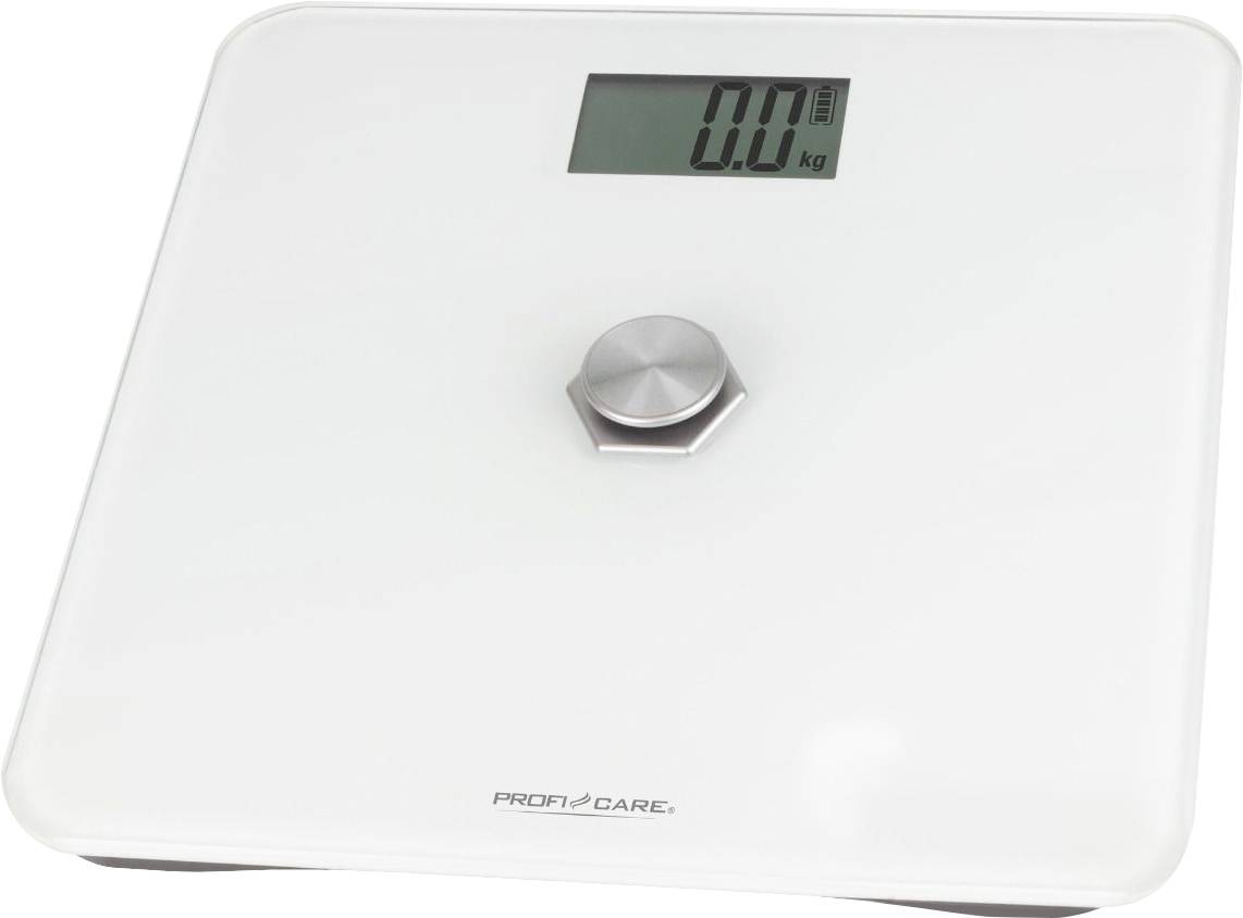 Digitale Personenwaage mit einem Display, das '0,0 kg' anzeigt. Weißes Design mit zentralem Knopf und dem Markennamen 'PROFI CARE'.