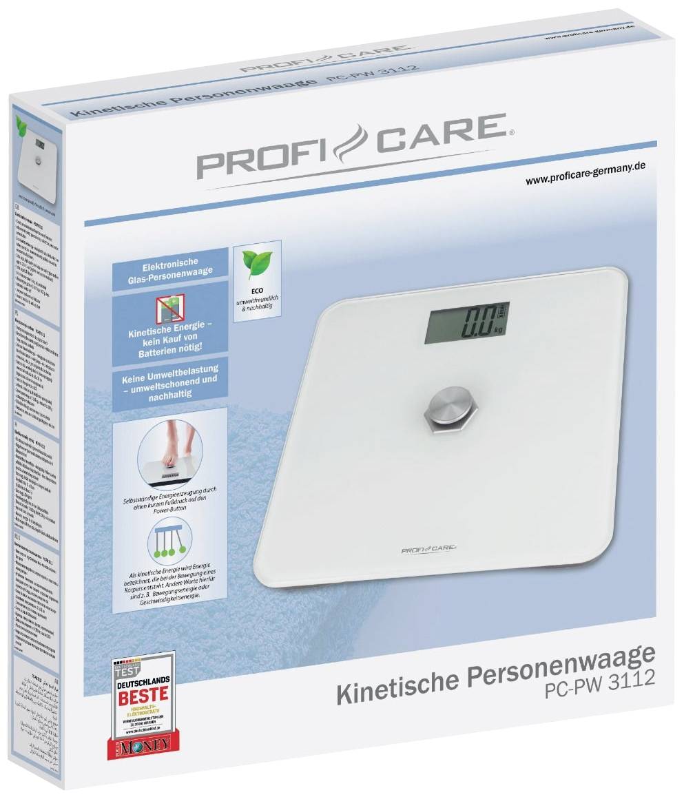 Verpackung einer kinestischen Personenwaage von Profi Care. Zeigt die Waage mit Display und zentrale Bedienung. Testergebnis 'Beste'.