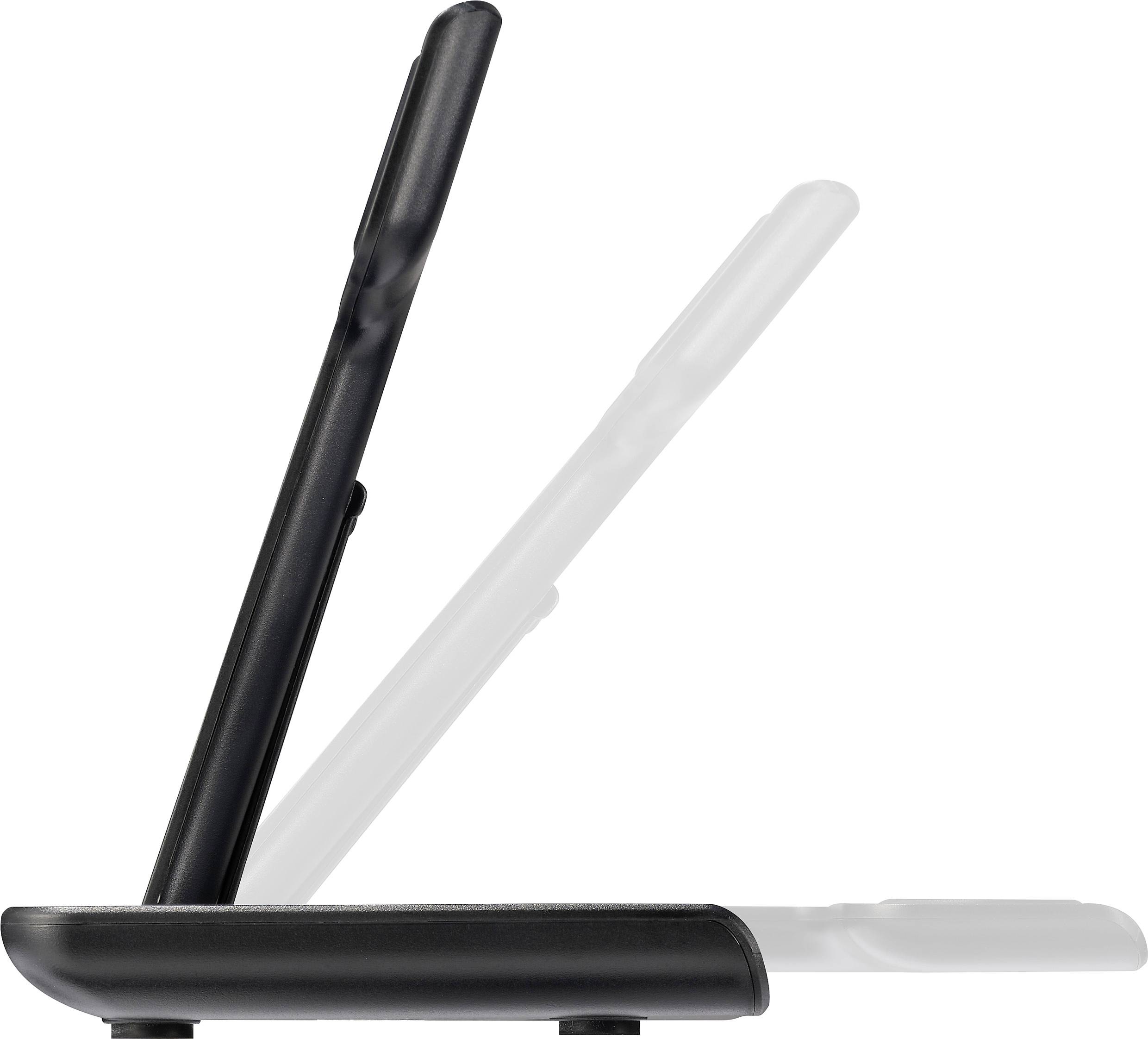 Ein schwarzer Laptop wird von der Seite gezeigt, der Bildschirm ist leicht geöffnet. Der Hintergrund ist hell und unscharf.