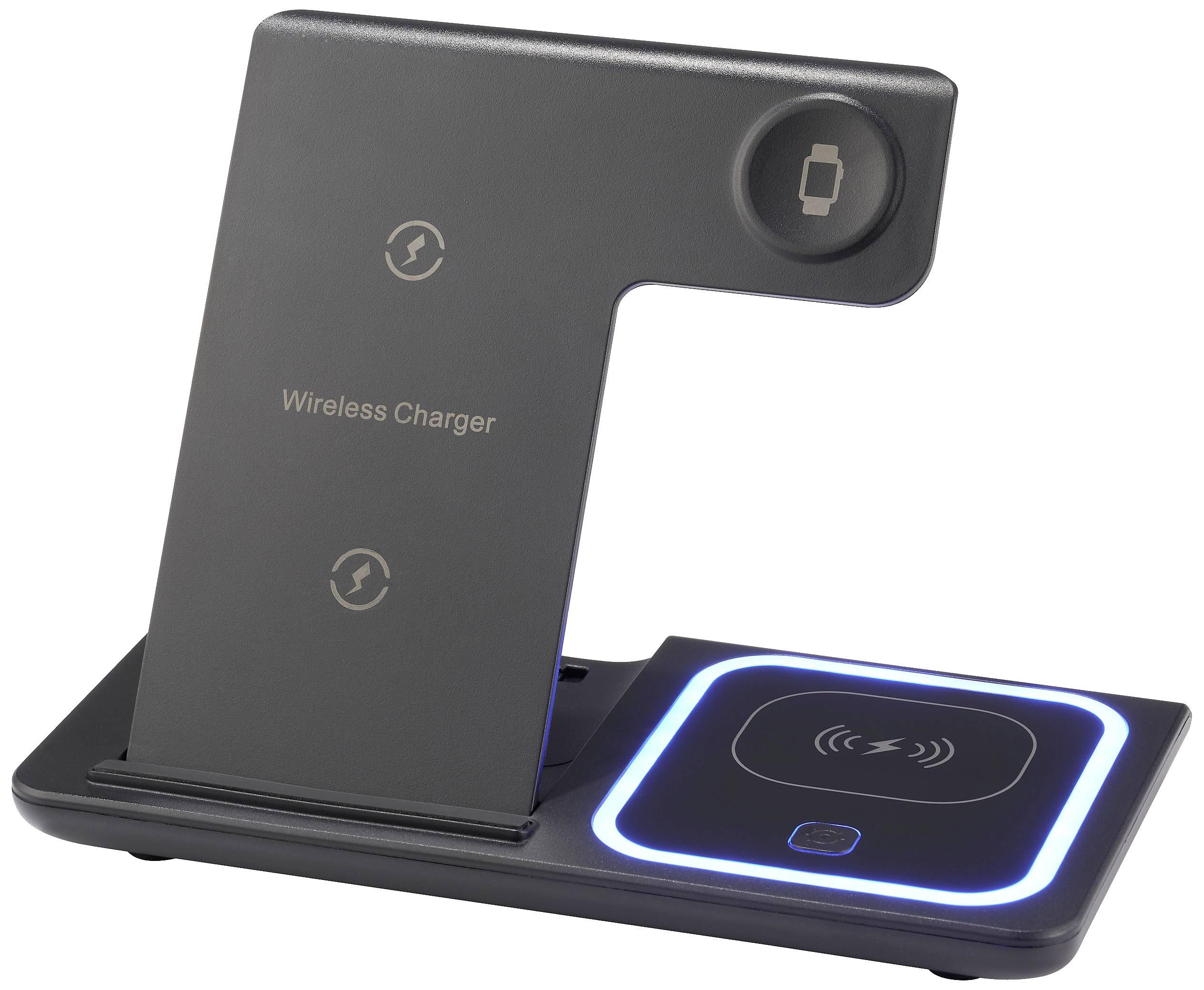 Schwarzes kabelloses Ladegerät mit blauer LED-Anzeige, geeignet zum Laden mehrerer Geräte gleichzeitig, mit Smartphone-Symbol auf der Oberseite.