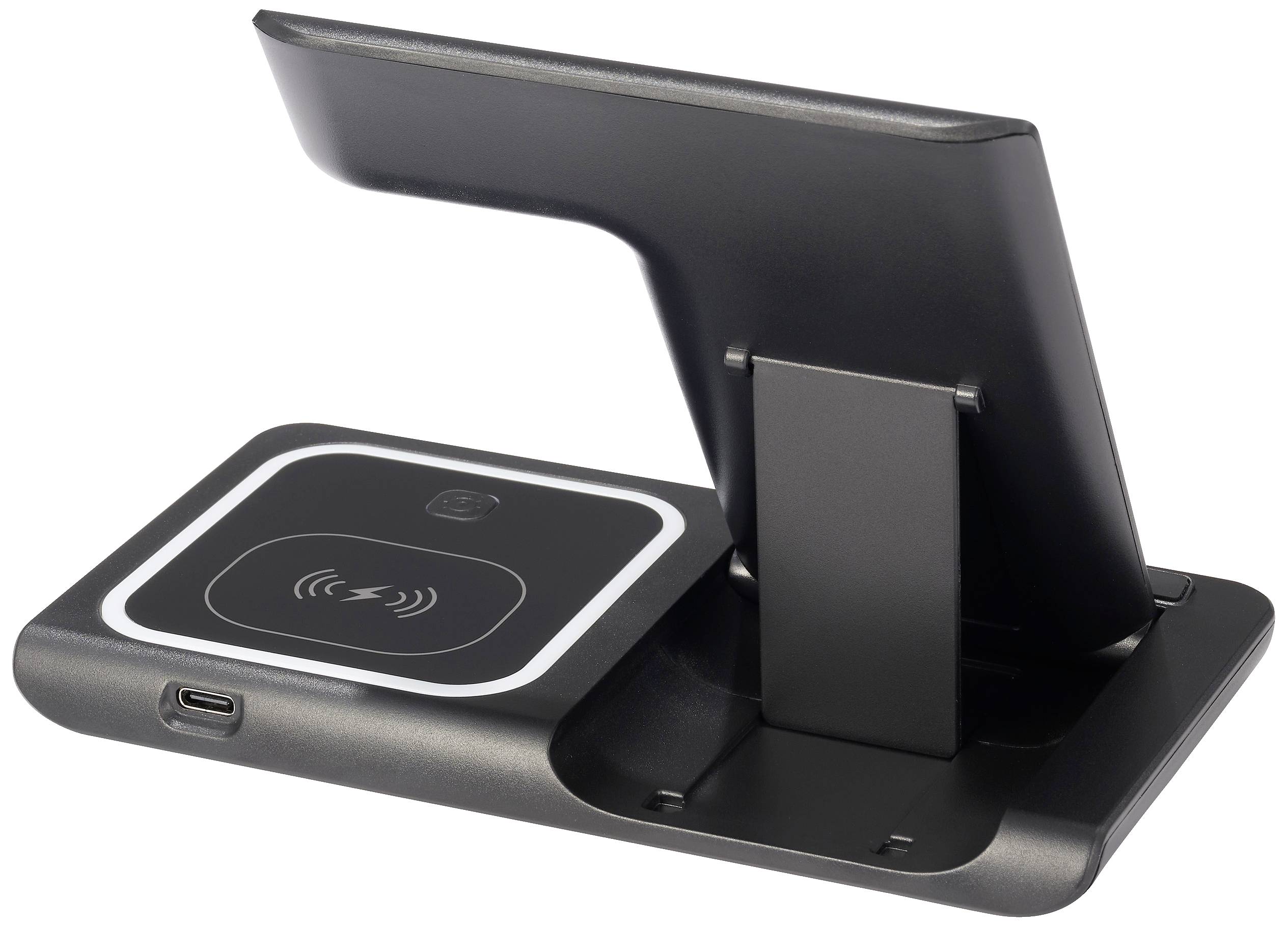 Kabellose Ladestation mit aufrechter Handyhalterung, schwarzem Gehäuse und weißem Ladebereich. USB-C-Anschluss an der Seite.