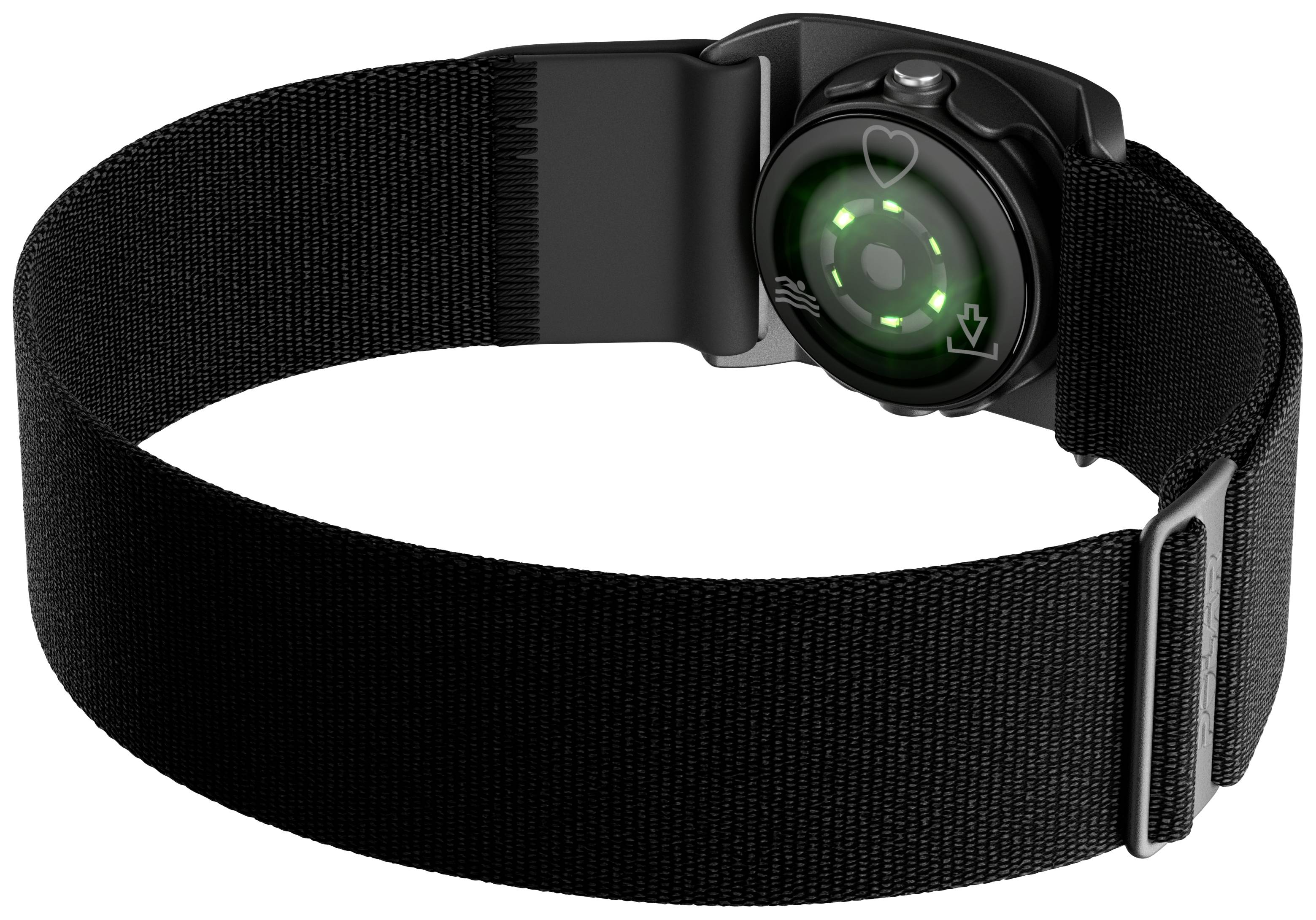 Schwarzes Smartwatch-Armband mit grünen LED-Sensoren auf der Rückseite, entworfen für die Herzfrequenzüberwachung.