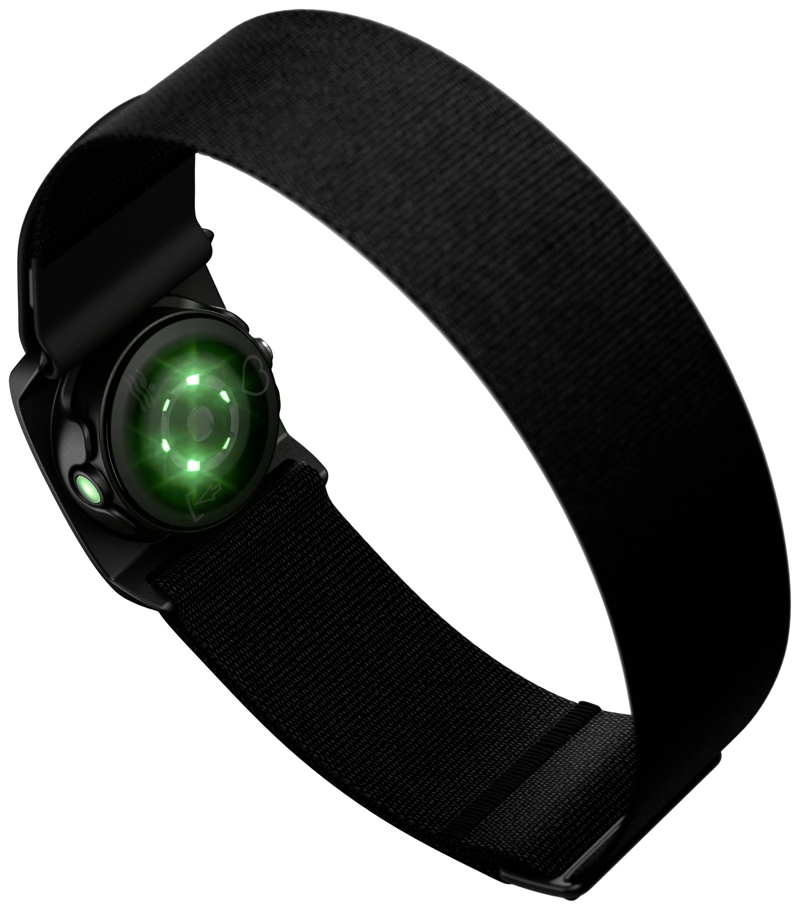 Eine schwarze Smartwatch mit grün leuchtendem Sensor auf der Rückseite, zeigt die Herzfrequenzmessungstechnologie.
