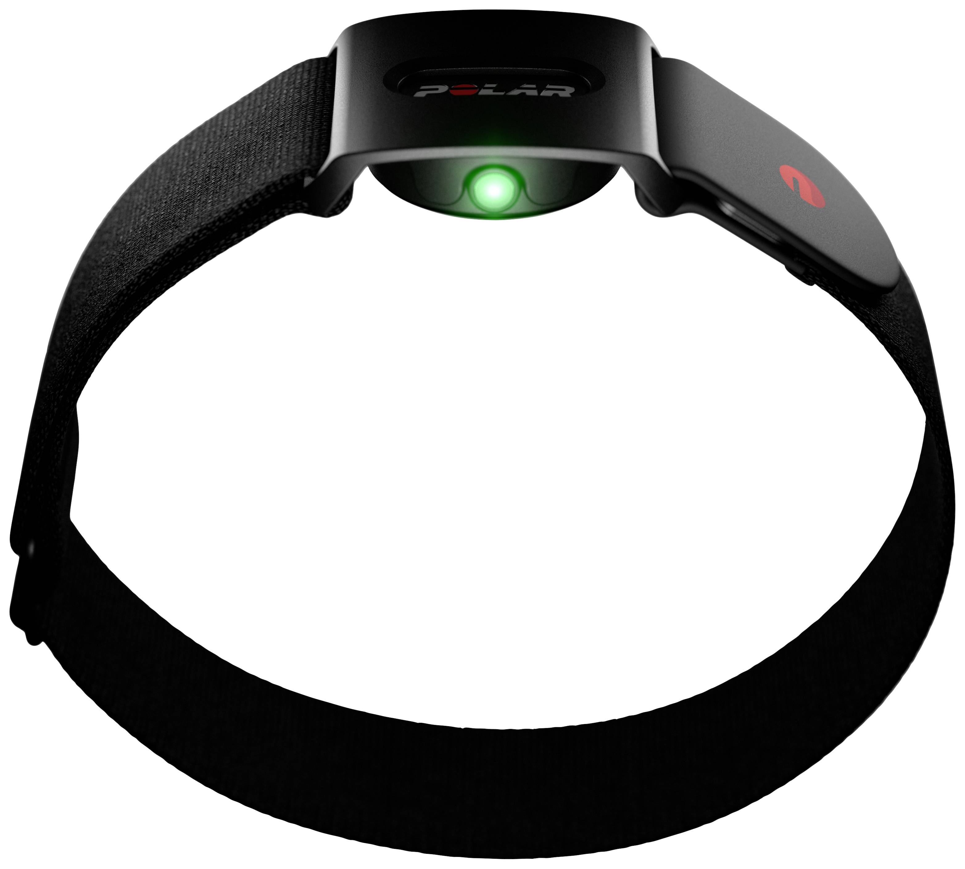 Herzfrequenzsensor in schwarzem Armband mit leuchtender grüner LED in der Mitte. Verwendet für Trainings- und Gesundheitsüberwachung.