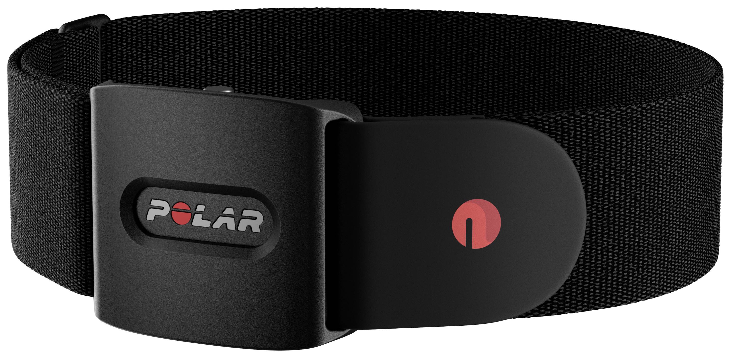 Schwarzer Herzfrequenzsensor von Polar mit einem roten Logo auf der Vorderseite. Trageband zur Fitnessüberwachung.