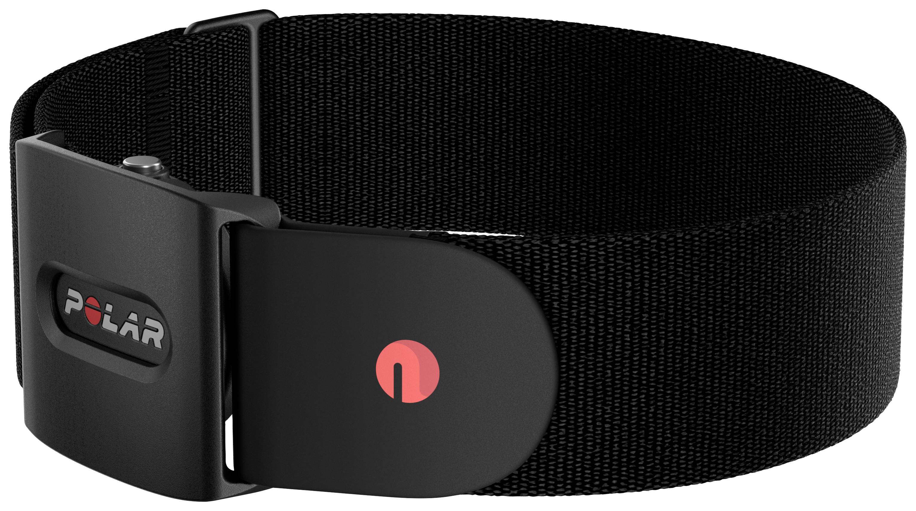Ein schwarzes Armband mit einer Kunststoffschnalle, auf der das Logo einer Marke in Grau und Rot zu sehen ist.