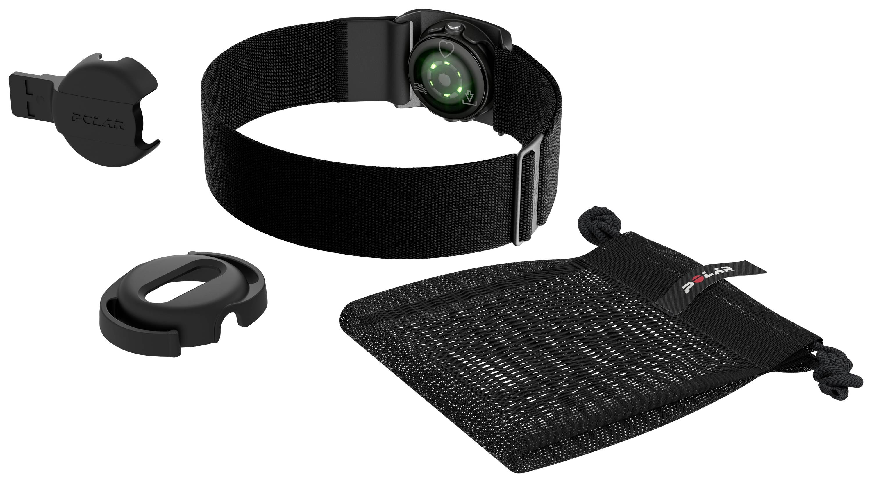 Ein schwarzes Armband mit Sensor, ein Ladegerät und eine Netztragetasche sind abgebildet, wahrscheinlich Zubehör für ein Fitnessgerät.