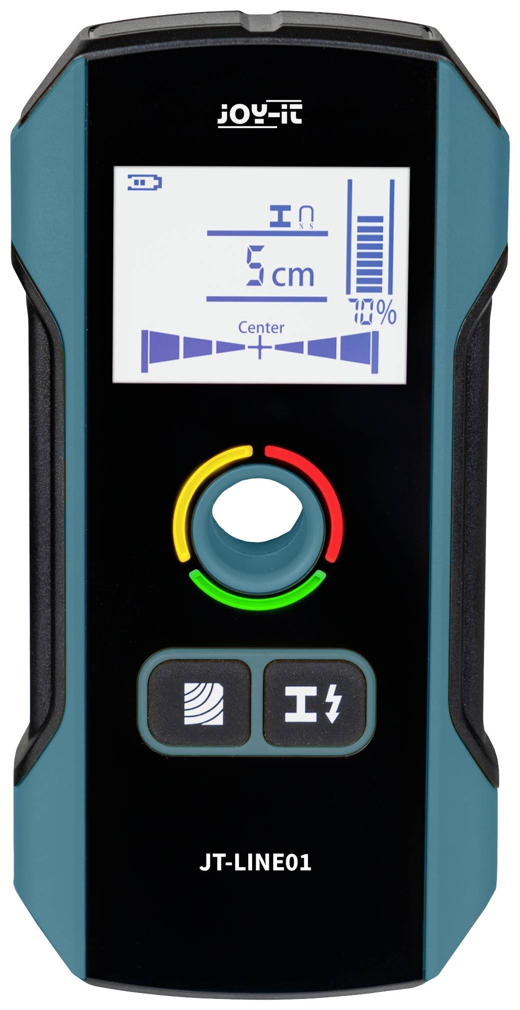 Elektronischer Detektor mit digitalem Display zeigt '5 cm'. Tasten für verschiedene Funktionen und LED-Anzeige in Rot und Grün.