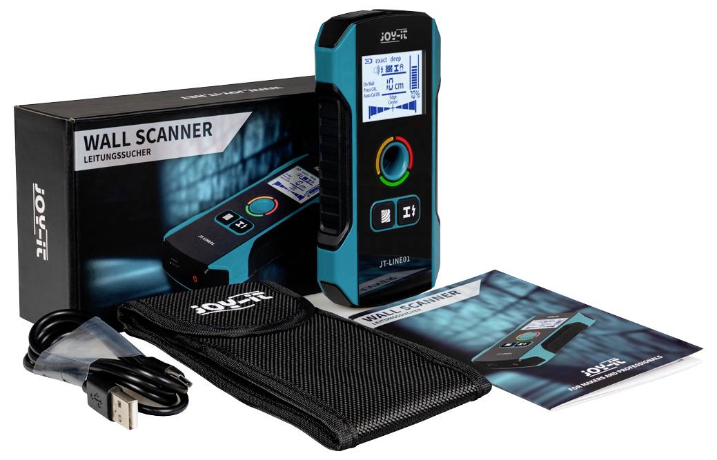 Ein blau-schwarzer Wandscanner mit Digitalanzeige, dazugehöriger Verpackung, Anleitung, Etui und USB-Kabel. Gerät zeigt Messdaten an.