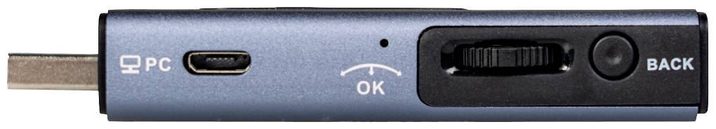 USB-Dongle mit Tasten für 'PC', 'OK' und 'BACK', einem Drehregler und einer USB-C-Anschlussbuchse auf der Seite.
