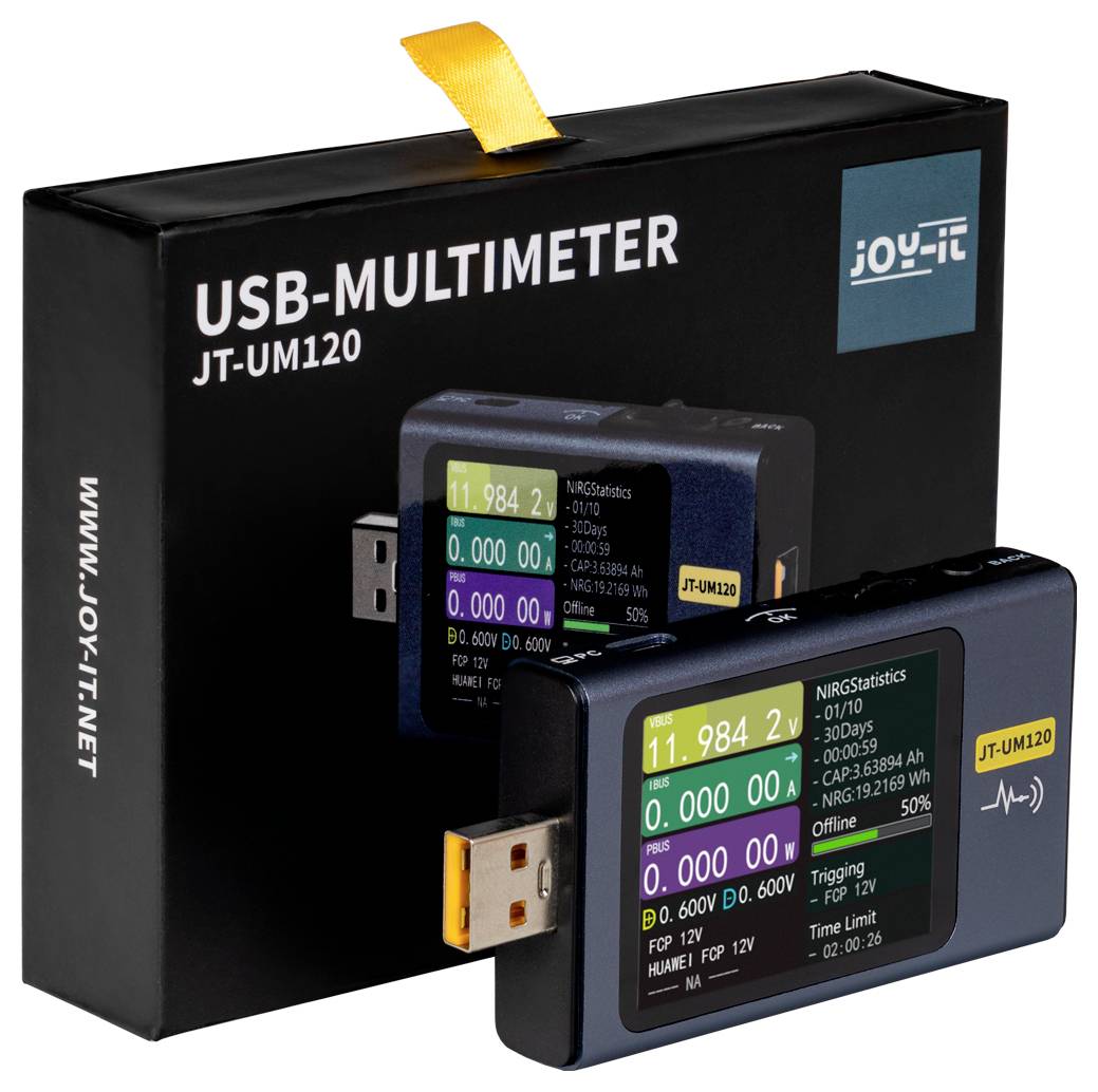 USB-Multimeter JT-UM120 von Joy-It, zeigt verschiedene elektrische Messwerte auf einem farbigen Bildschirm. Verpackung im Hintergrund.