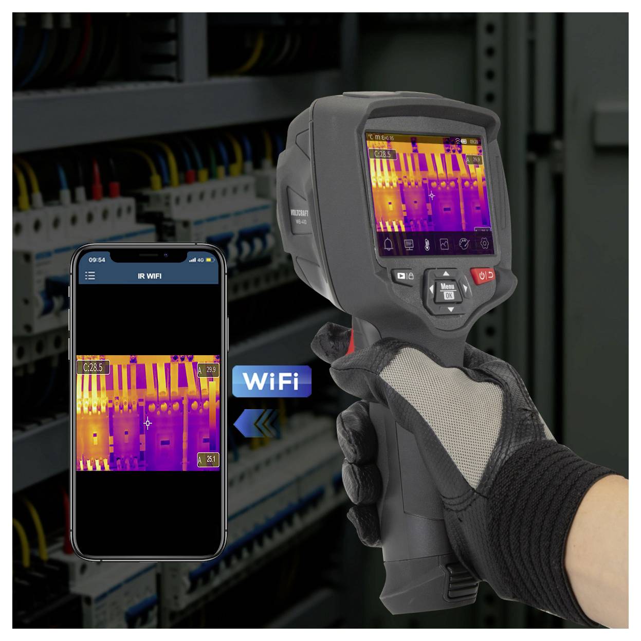 Tragbare Wärmekamera scannt Elektroschrank, mit „WiFi