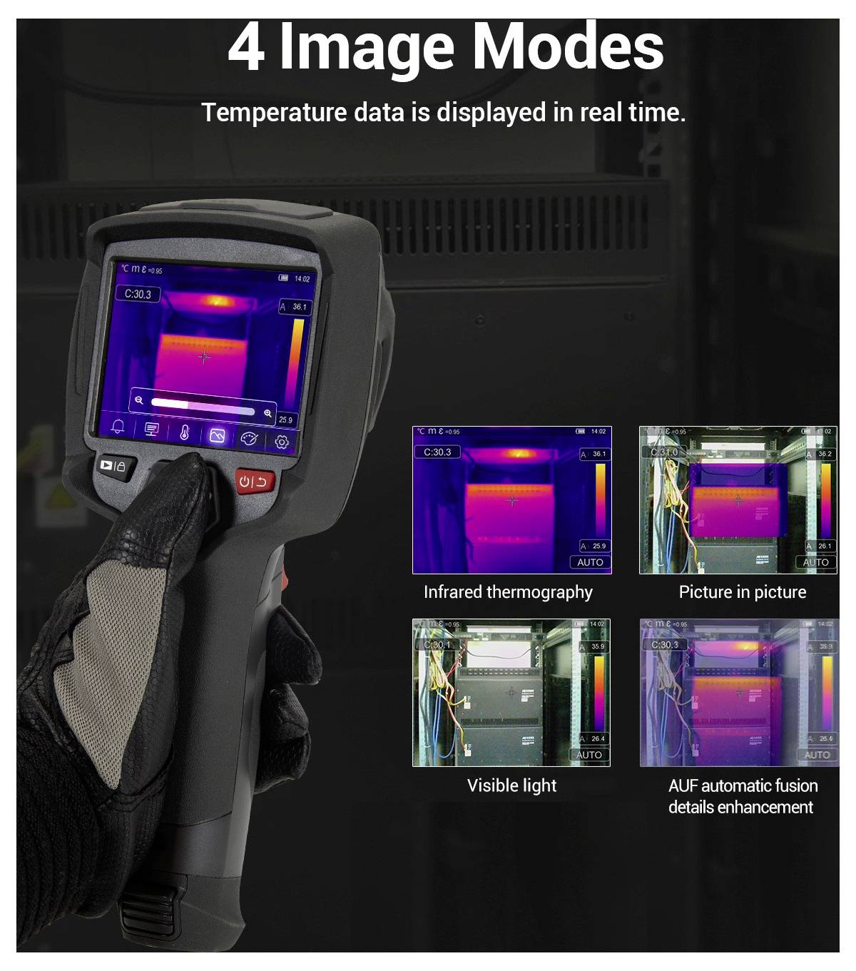 Werbebild einer tragbaren Wärmekamera mit Live-Temperaturdaten, mit vier Modi gekennzeichnet als „Infrarot-Thermografie