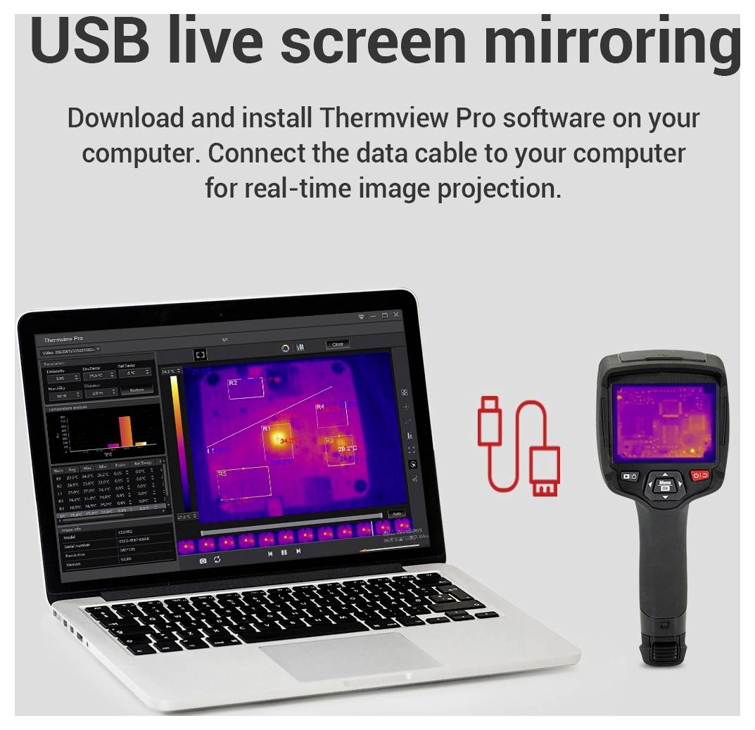 Diagramm zeigt USB-Bildschirmspiegelung in Echtzeit: Installieren Sie Thermview Pro, verbinden Sie ein Datenkabel und projizieren Sie ein Thermalkamerabild in Echtzeit auf einen Laptop.
