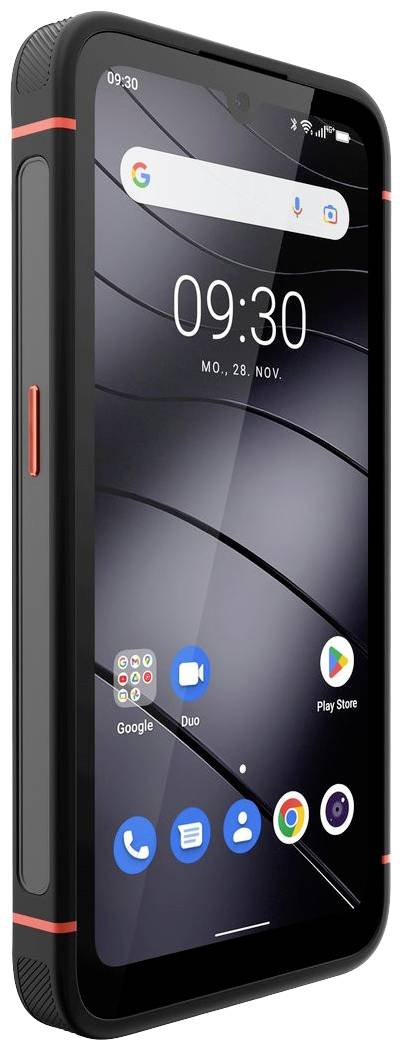 Smartphone mit robustem Gehäuse, Datum und Uhrzeit '09:30, Mo., 28. Nov.' auf Bildschirm. Apps wie Google, Duo und Play Store sichtbar.