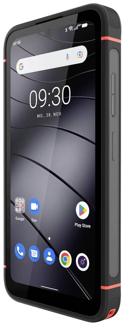 Smartphone in stoßfester Hülle, Display zeigt Uhrzeit und Google-Suchleiste, Apps wie Chrome und Play Store sichtbar.