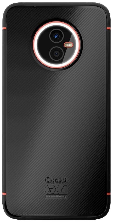 Ein schwarzes Smartphone mit rotem Akzent, vertikaler Kameraanordnung und der Aufschrift 'Gigaset GX4 Made in Germany' auf der Rückseite.
