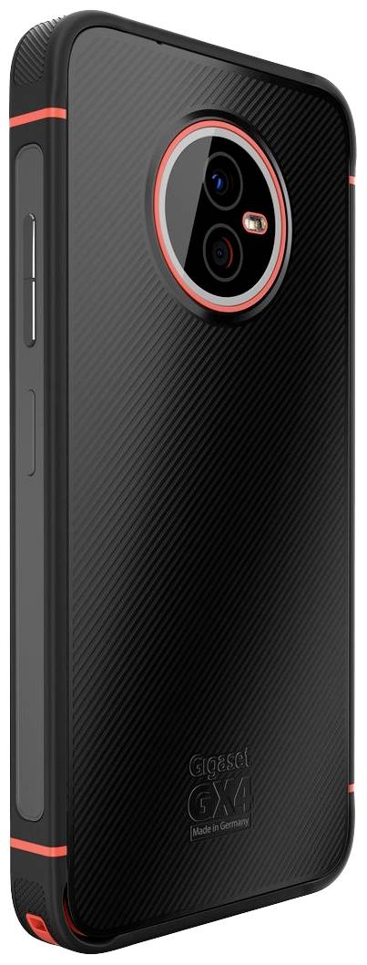Schwarzes Smartphone-Gehäuse mit rote Akzenten, zeigt die Rückseite mit einer Kameraöffnung und einem strukturierten Design.