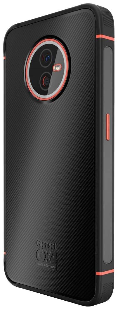 Smartphone mit schwarzer, karbonfaserartiger Hülle und roten Akzenten. Rückseite zeigt Kameraöffnung. Markenlogo sichtbar.