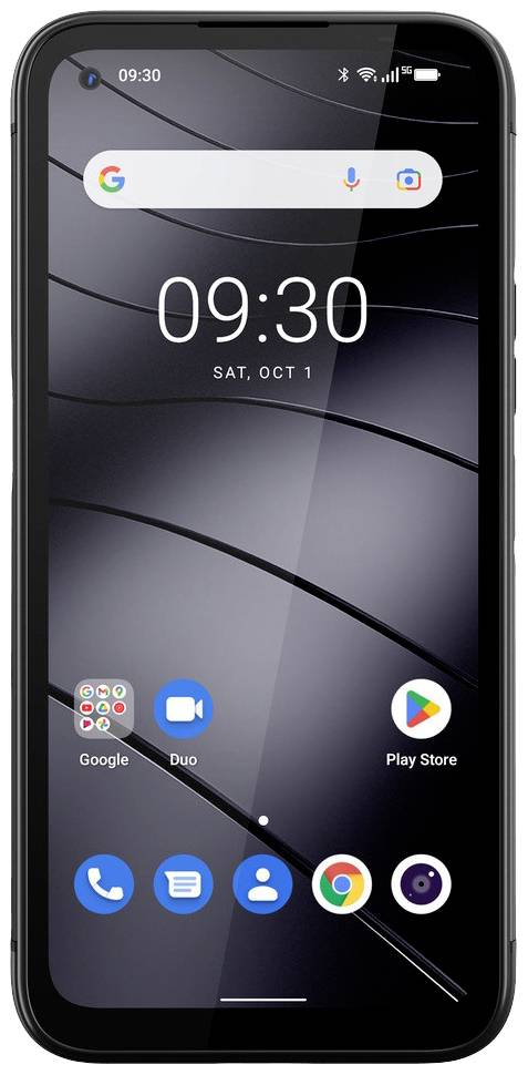 Smartphone mit Startbildschirm, Datum und Uhrzeit '09:30, Sat, Oct 1' angezeigt. Symbole für Google, Duo, Play Store, Telefon, Nachrichten und Chrome sichtbar.