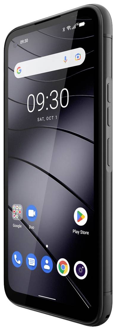 Smartphone mit schwarzem Gehäuse, Display zeigt Home-Bildschirm mit Uhrzeit '09:30', mehreren Apps wie Google, Duo und Play Store.