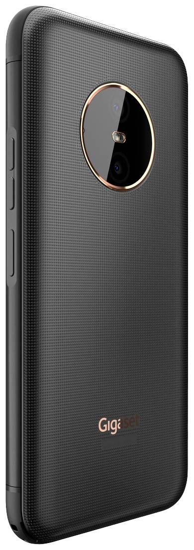 Das Bild zeigt ein schwarzes Smartphone von hinten mit einer markanten Kamera in der Mitte und dem Logo 'Gigaset' darunter.