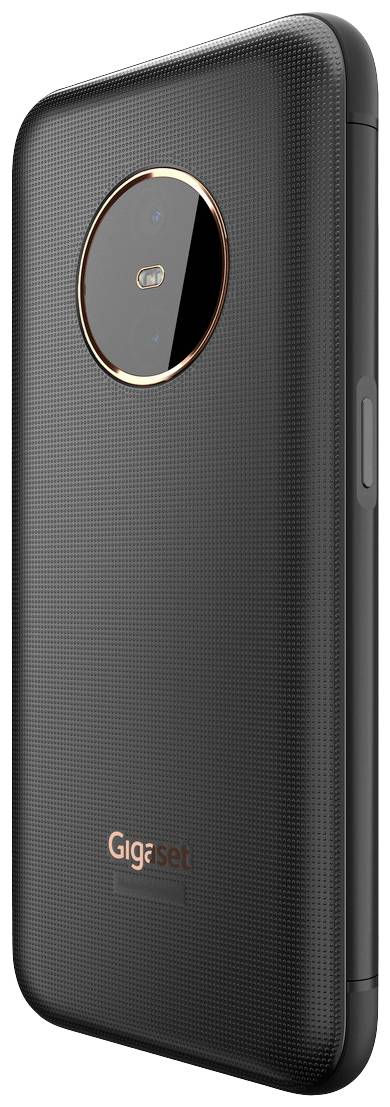 Das Bild zeigt die Rückseite eines schwarzen Smartphones mit runder Kamera und der Aufschrift 'Gigaset'.
