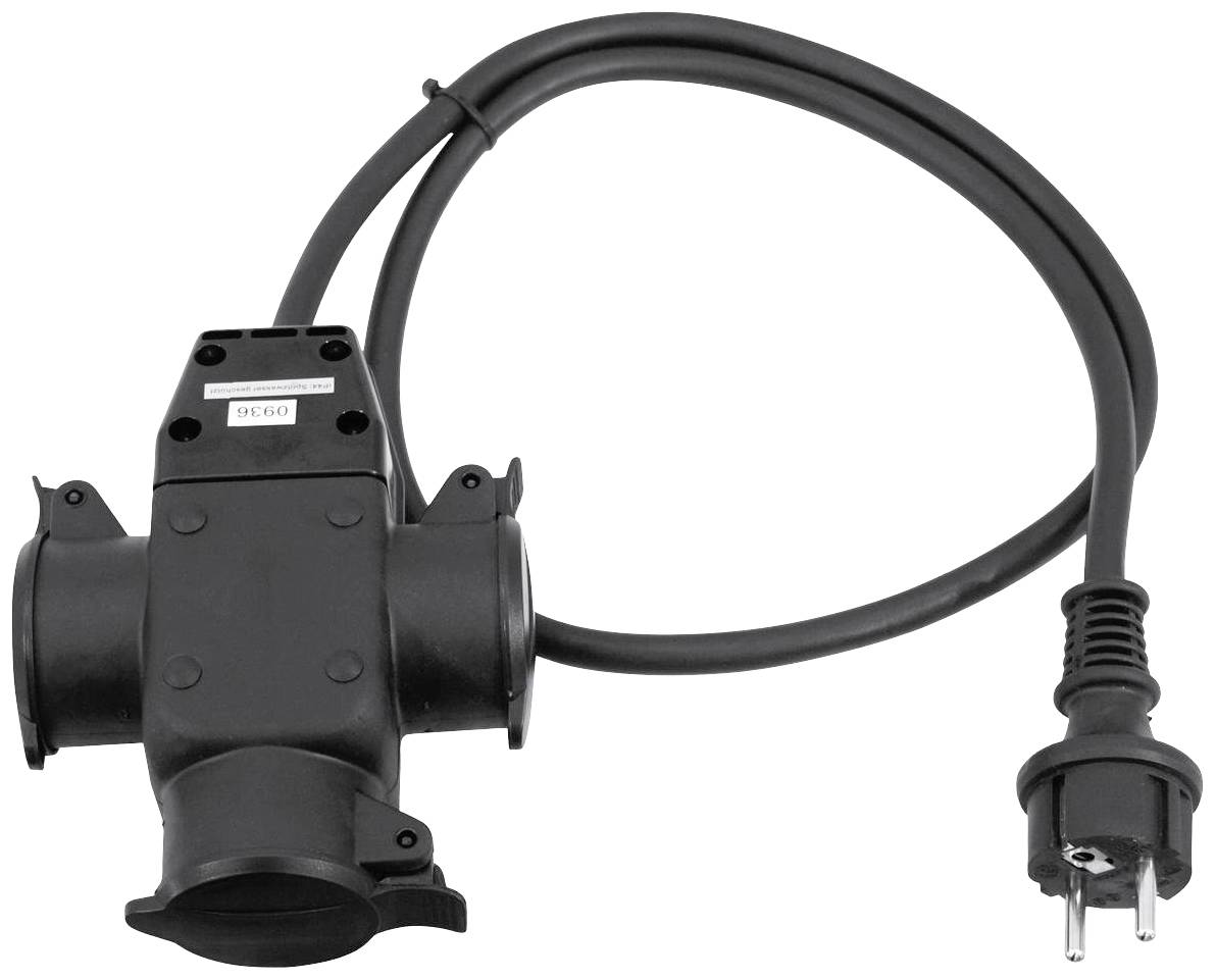 Schwarzer Verteilerstecker mit drei Steckdosen und einem Netzkabel mit Schuko-Stecker.