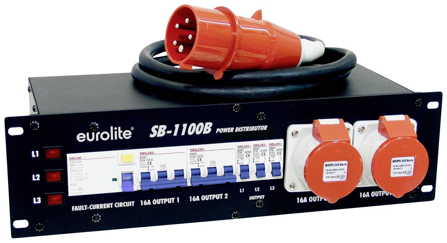Ein schwarzes Eurolite SB-110B Stromverteilergerät mit mehreren Sicherungen, zwei roten Steckdosen und einem großen roten Stecker.
