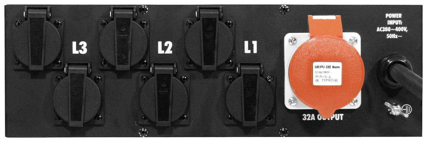 Rückseite eines elektrischen Verteilers mit sechs Steckdosen gekennzeichnet als L1, L2, L3 und einem 32A Ausgangsanschluss.