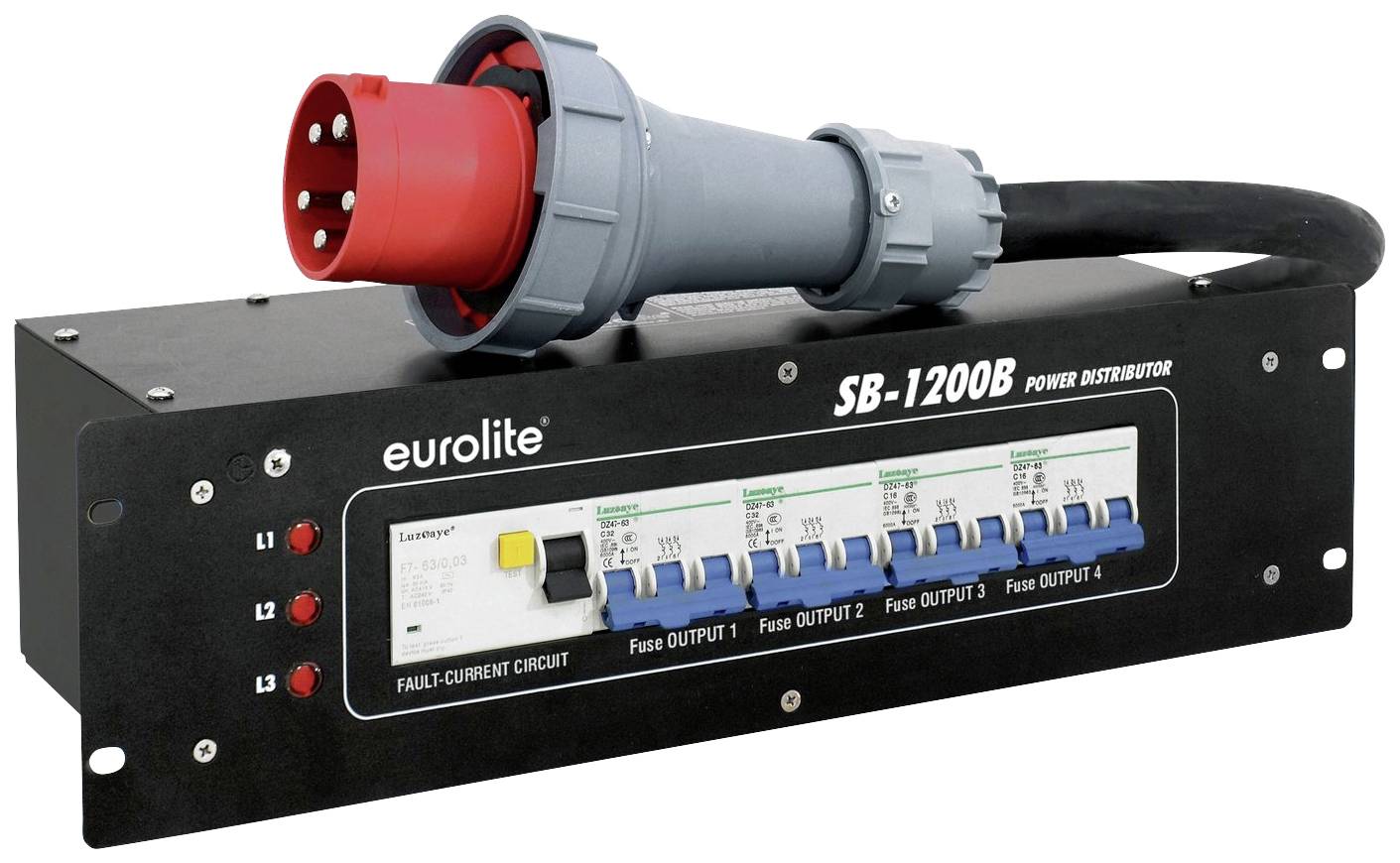 'Stromverteiler SB-1200B' mit sechs Kippschaltern und vier Ausgangssicherungen, roter Starkstromanschluss; von Eurolite.
