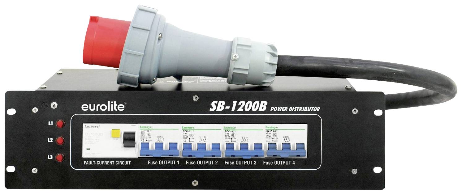 Stromverteilergerät 'Eurolite SB-1200B' mit mehreren Sicherungen und Eingangssteckdose. Verwendet zur Verteilung von Strom in Veranstaltungstechnik.