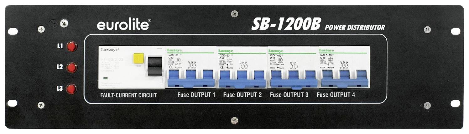 Frontansicht eines schwarzen Stromverteilers mit der Aufschrift 'eurolite SB-1200B', vier blauen Sicherungsschaltern und LEDs für L1, L2, L3.