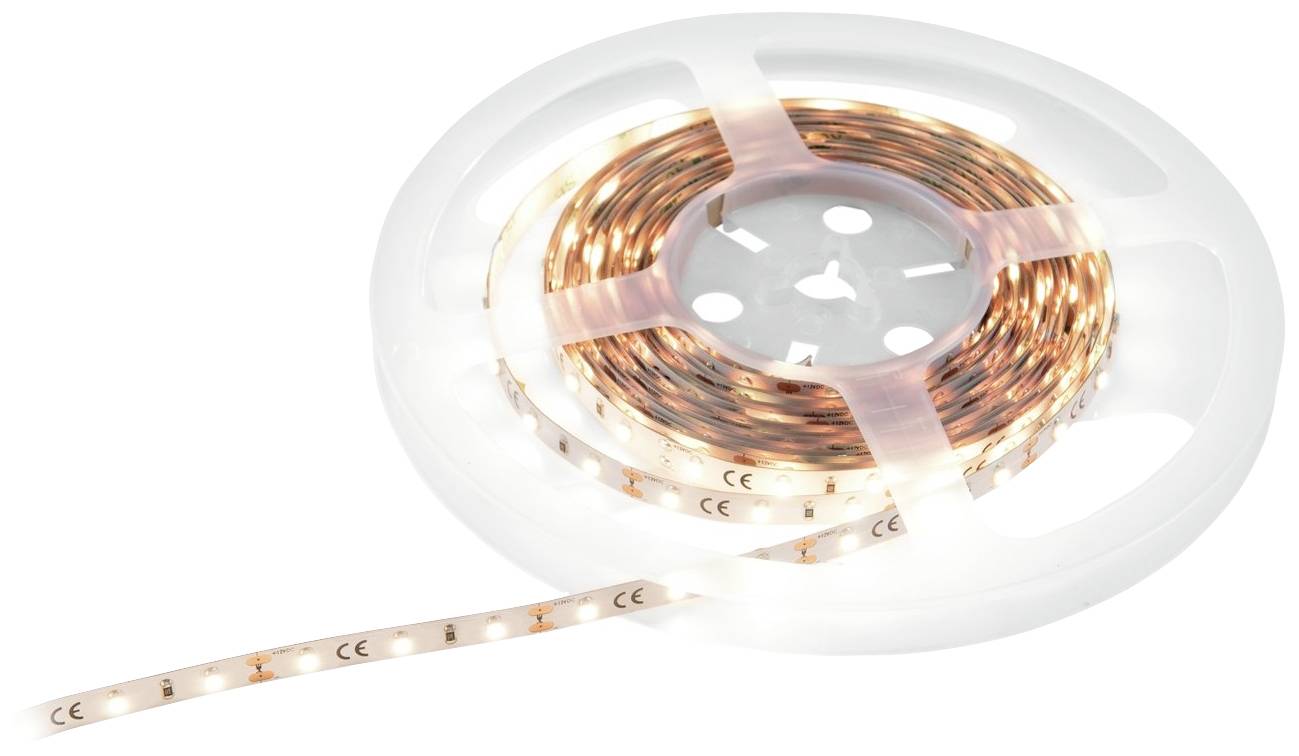Eine Rolle mit LED-Lichtstreifen, die teilweise abgerollt ist. Die Streifen sind auf einer weißen Spule aufgewickelt.